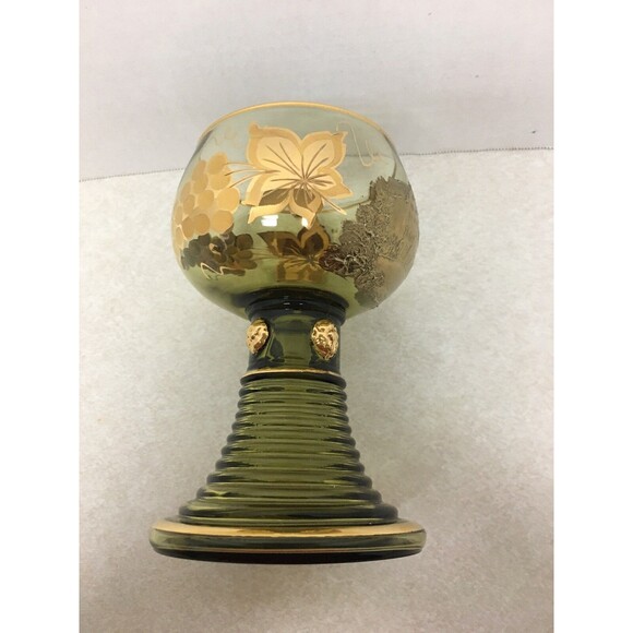 VINTAGE GERMANY" FRANKFURT" OLIVE GREEN GOLD GOBLET ETCHED ENCRUSTED - Picture 5 of 6